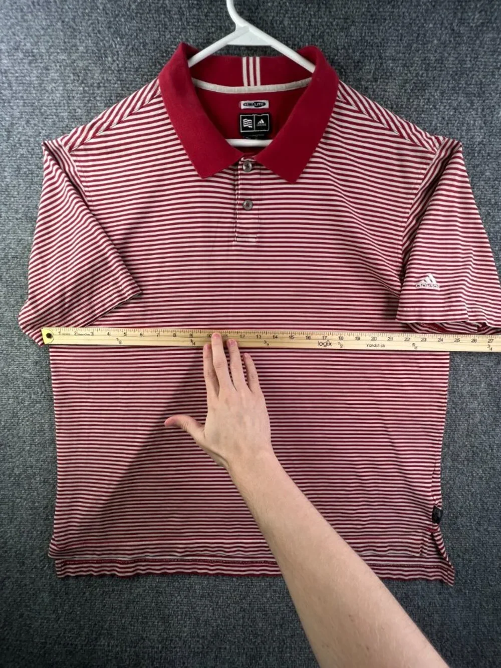 Adidas Mens Large Red White Striped Short Sleeve Cotton Blend Polo Climalite